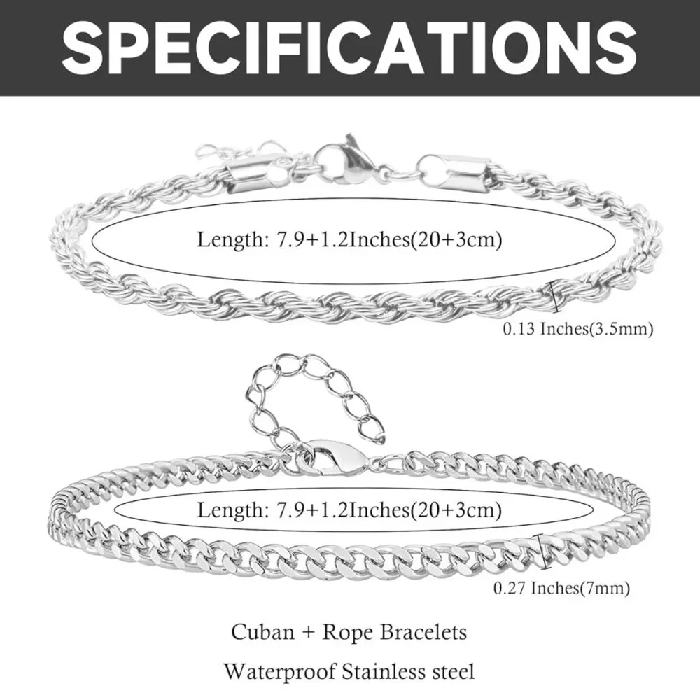 Silver Cuban Chain Bracelet Set, Waterproof Stainless Steel, Adjustable